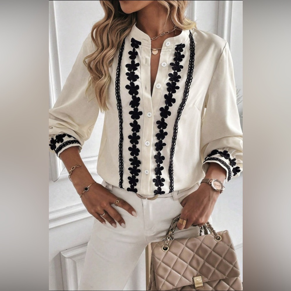 Harper - beige floral embroidered button up shirt - Picture 2 of 4